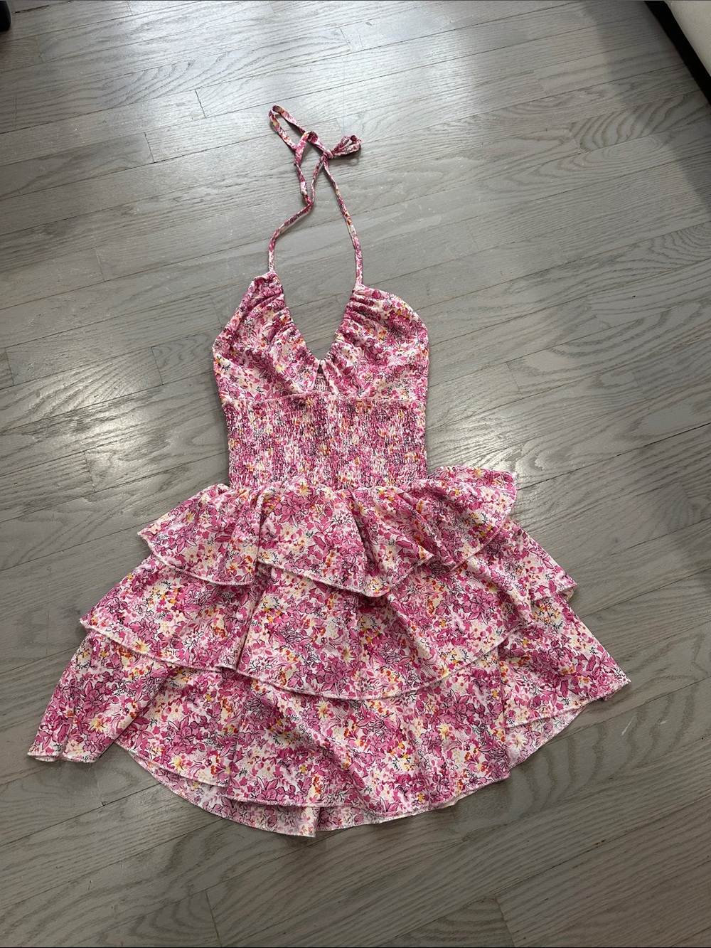 SHEIN Pink Floral Tiered Halter Mini Dress
